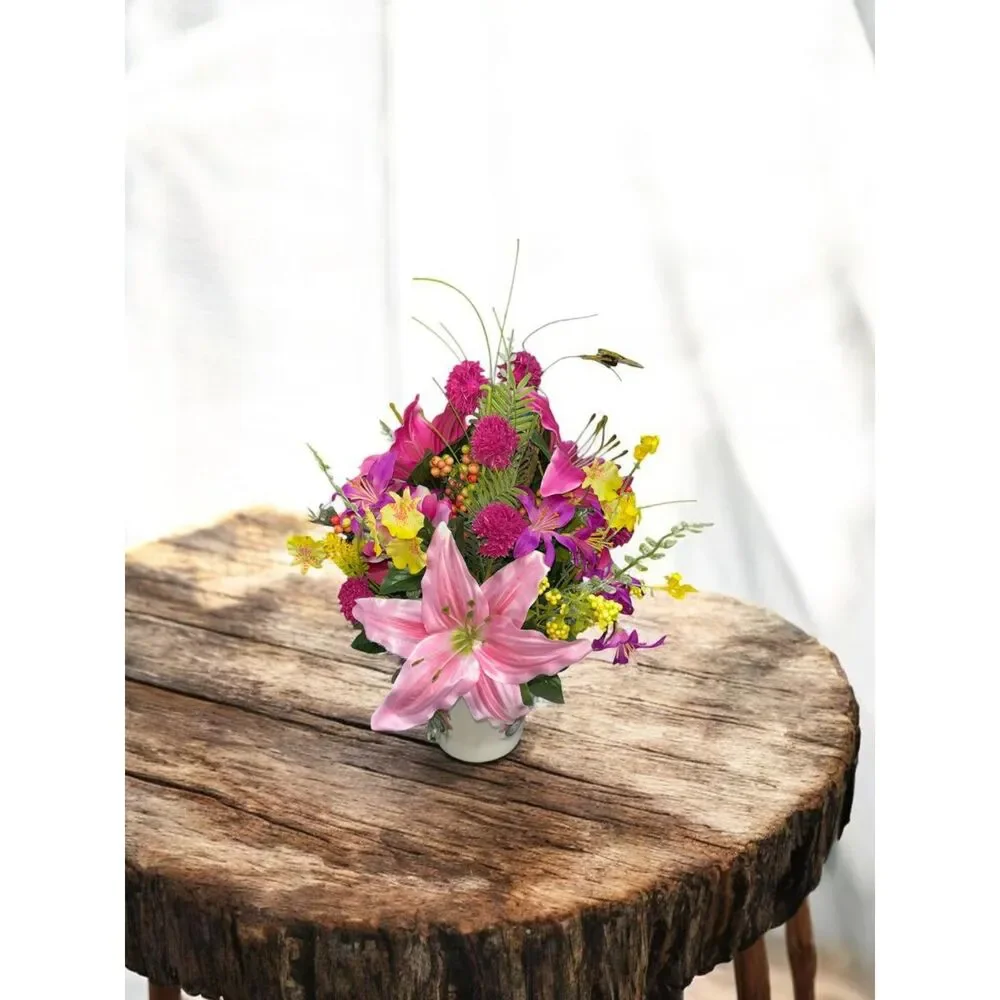 Spring & Summer Floral Arrangement in Ceramic Bucket – Silk Flower Centerpiece